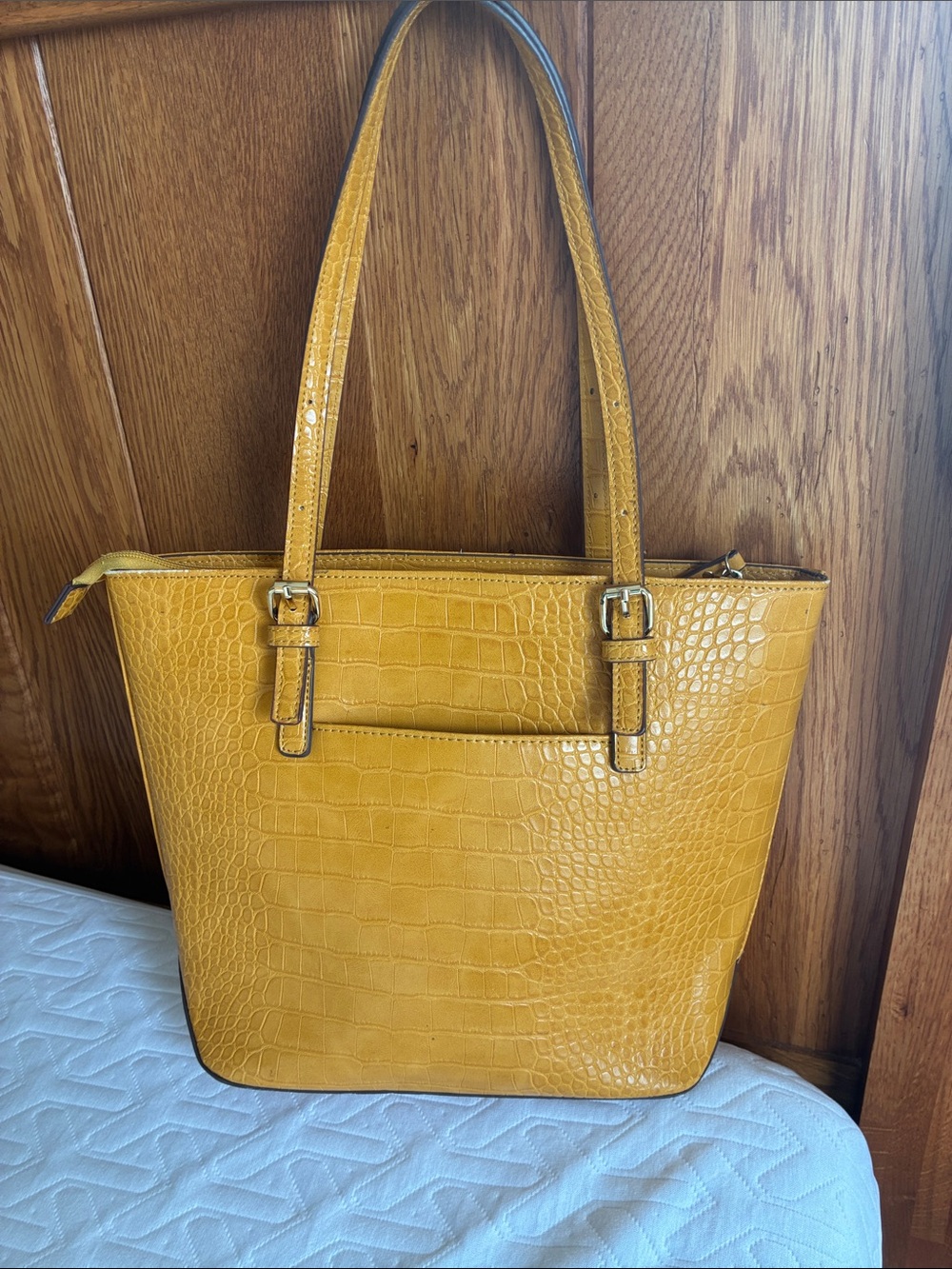 Anne Klein Yellow Croc-Embossed  Bag with Card Holder - Picture 2 of 9